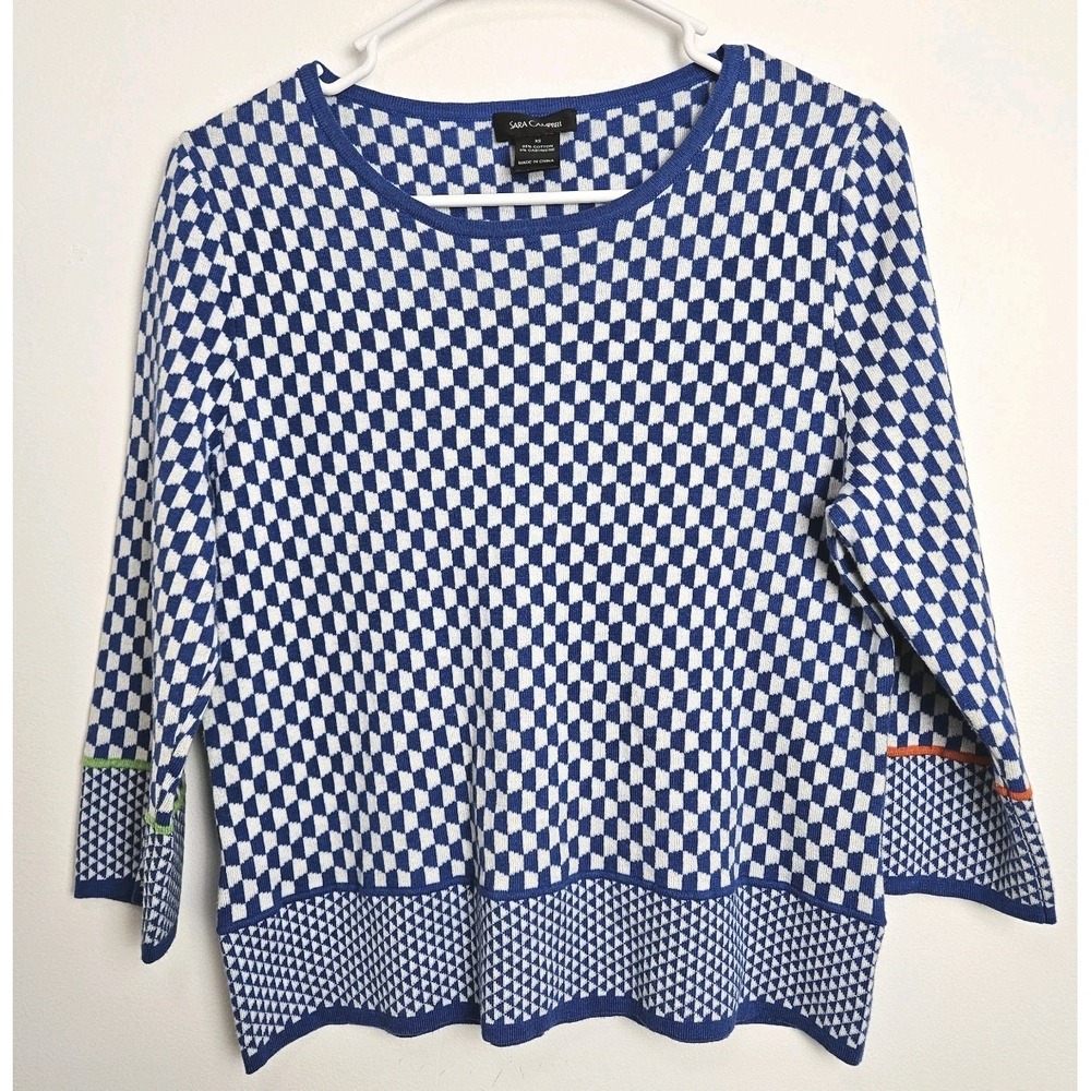 Sara Campbell Sweater Size XS Cashmere Blend Pullover 3/4 Sleeve Blue White FLAW